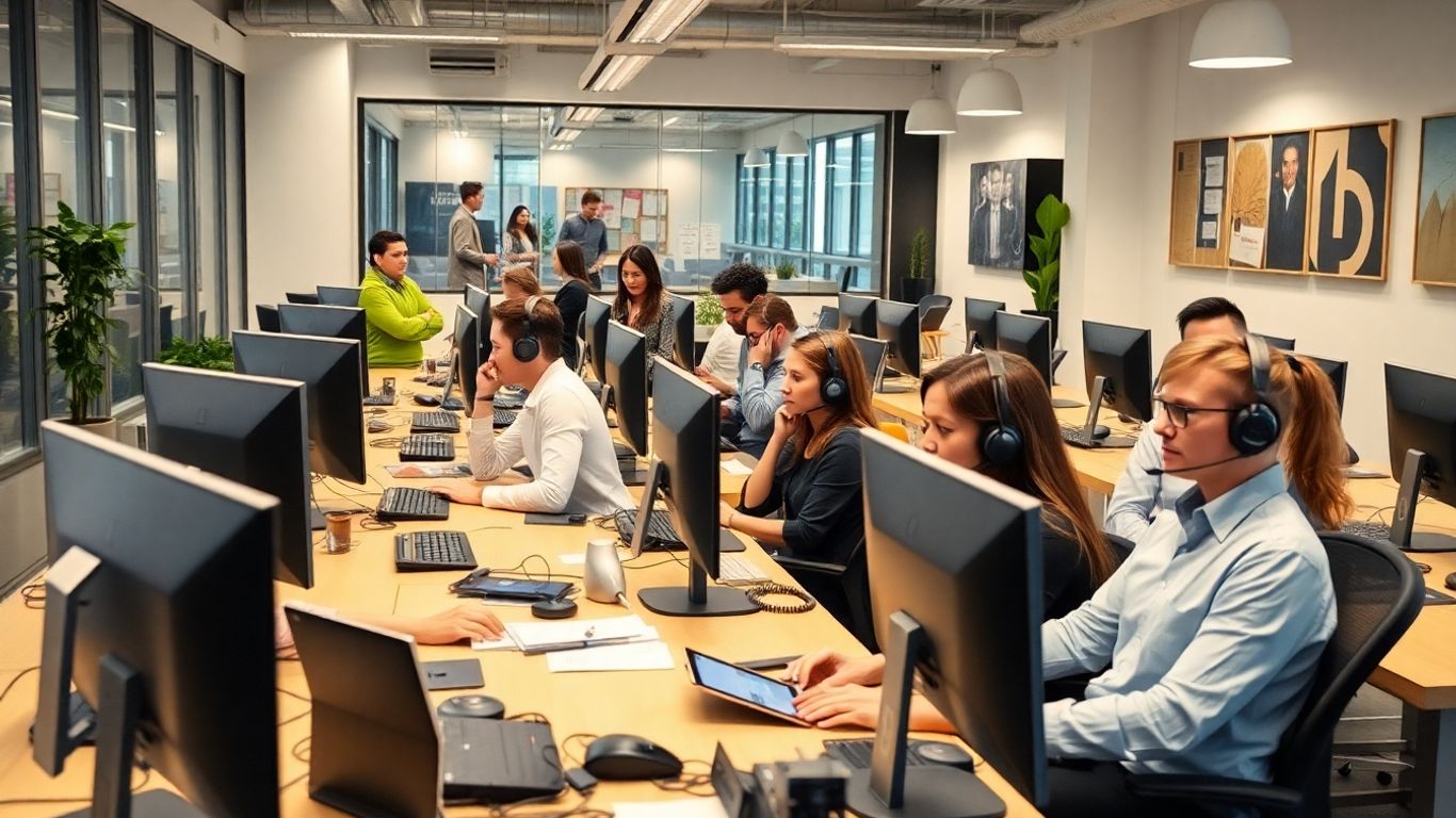 Customer service team working with phones and computers