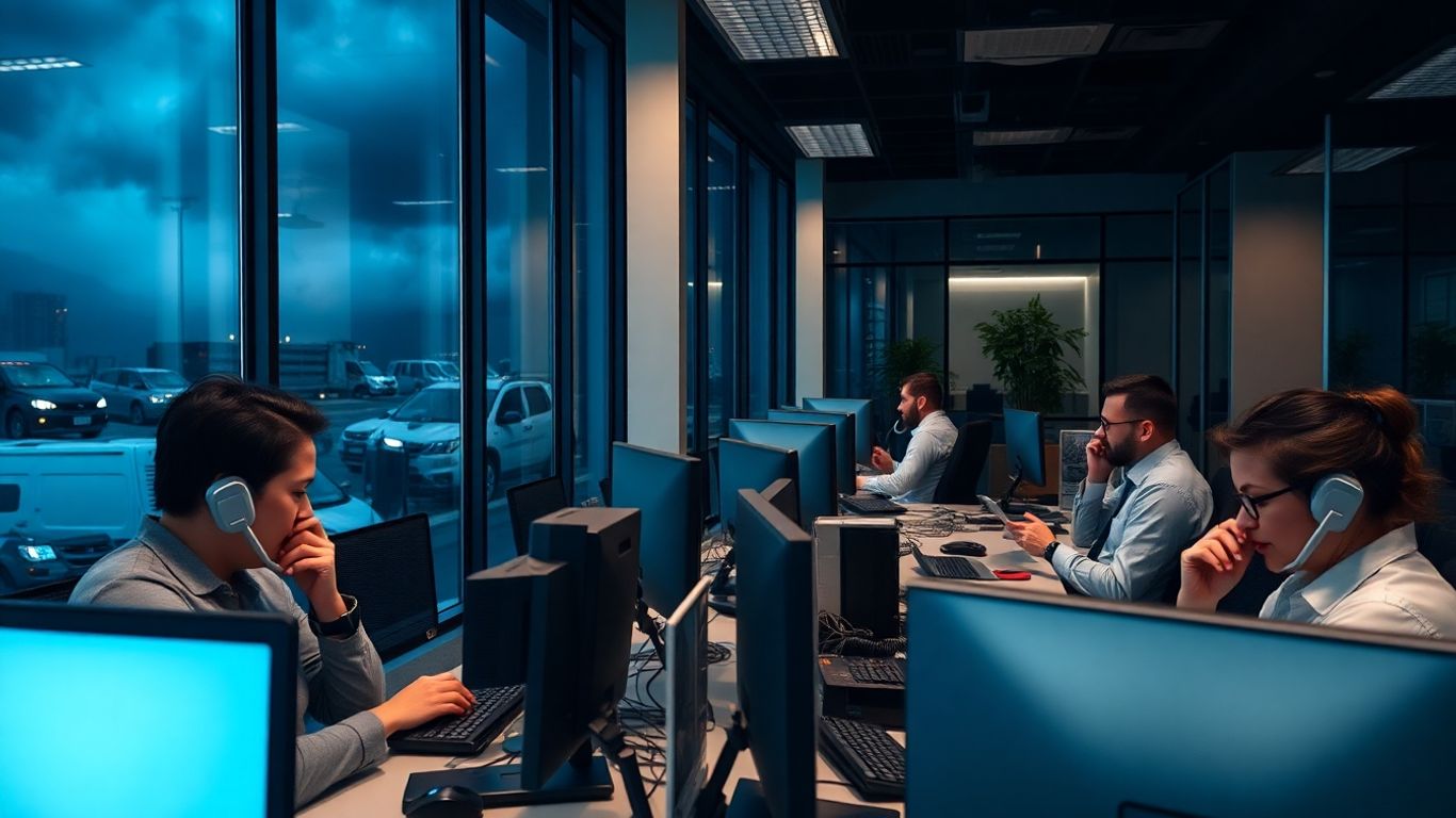 Nighttime office staff answering phones during stormy weather