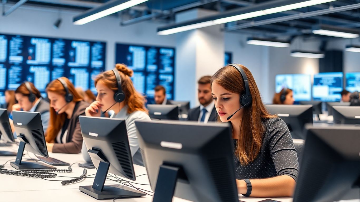 Customer service agents handling multiple calls in busy office