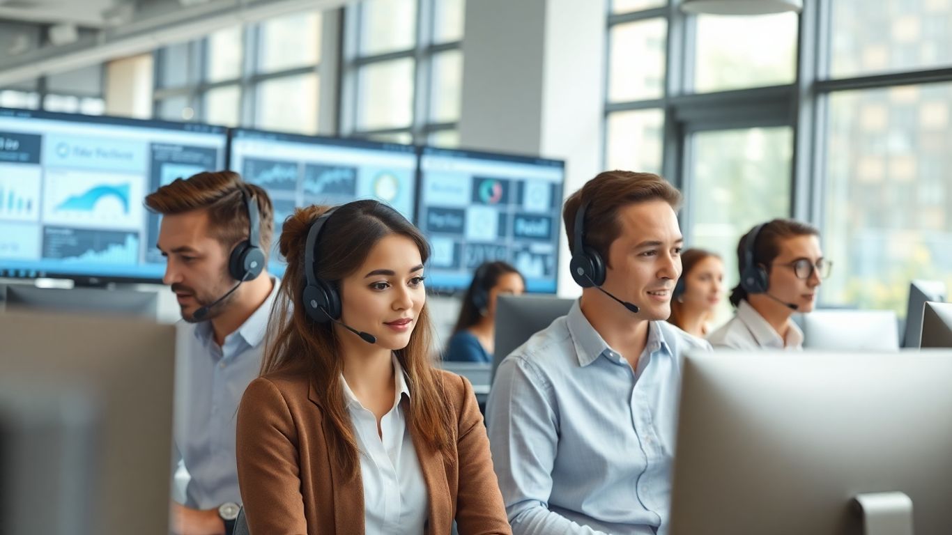 People with headsets in modern office with computers