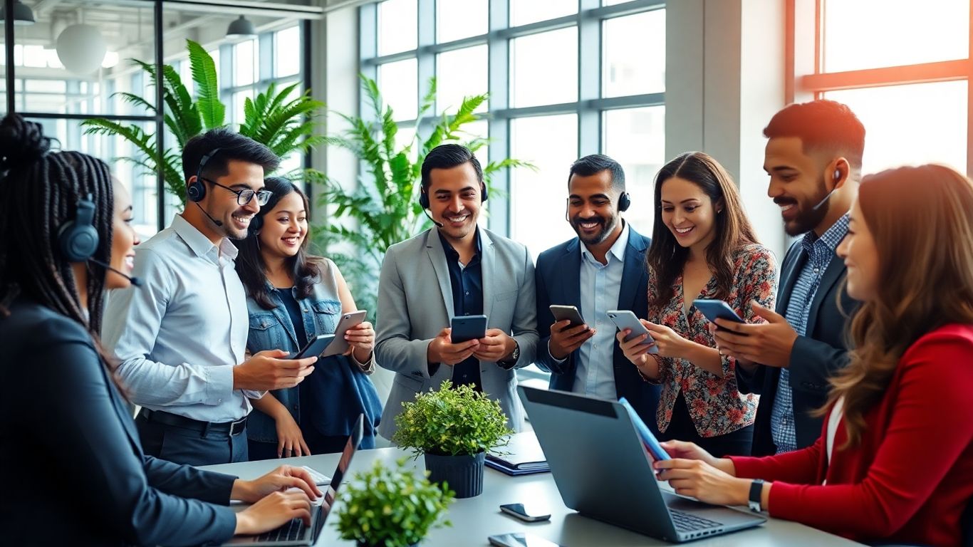 Business professionals using smartphones and headsets in office
