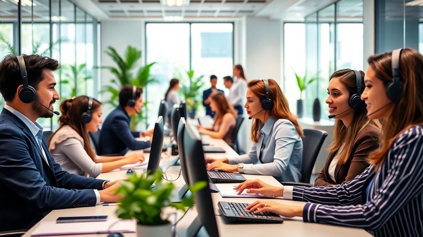 Business people with headsets in a modern office workspace.