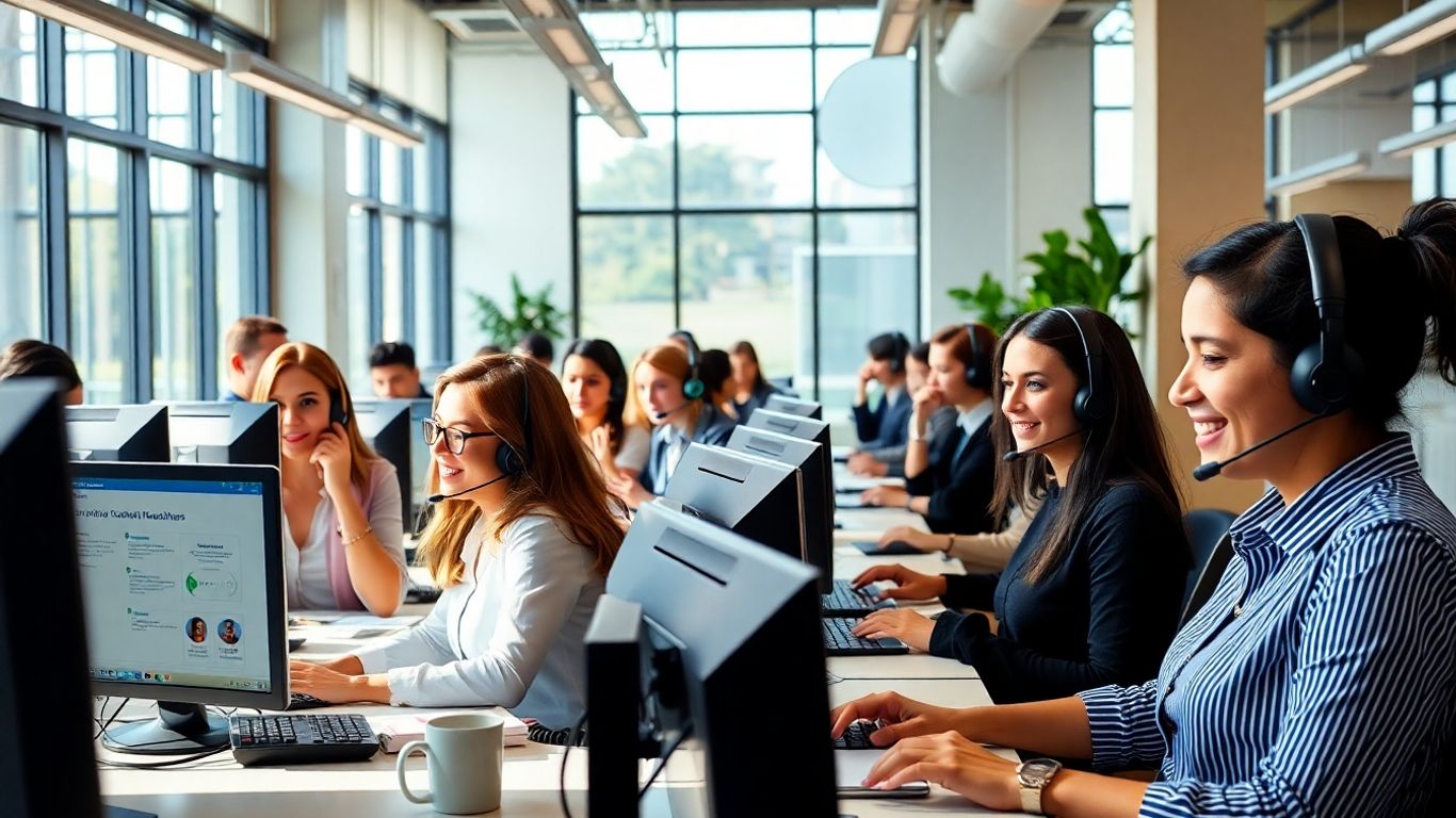 Business professionals using phone answering service in office