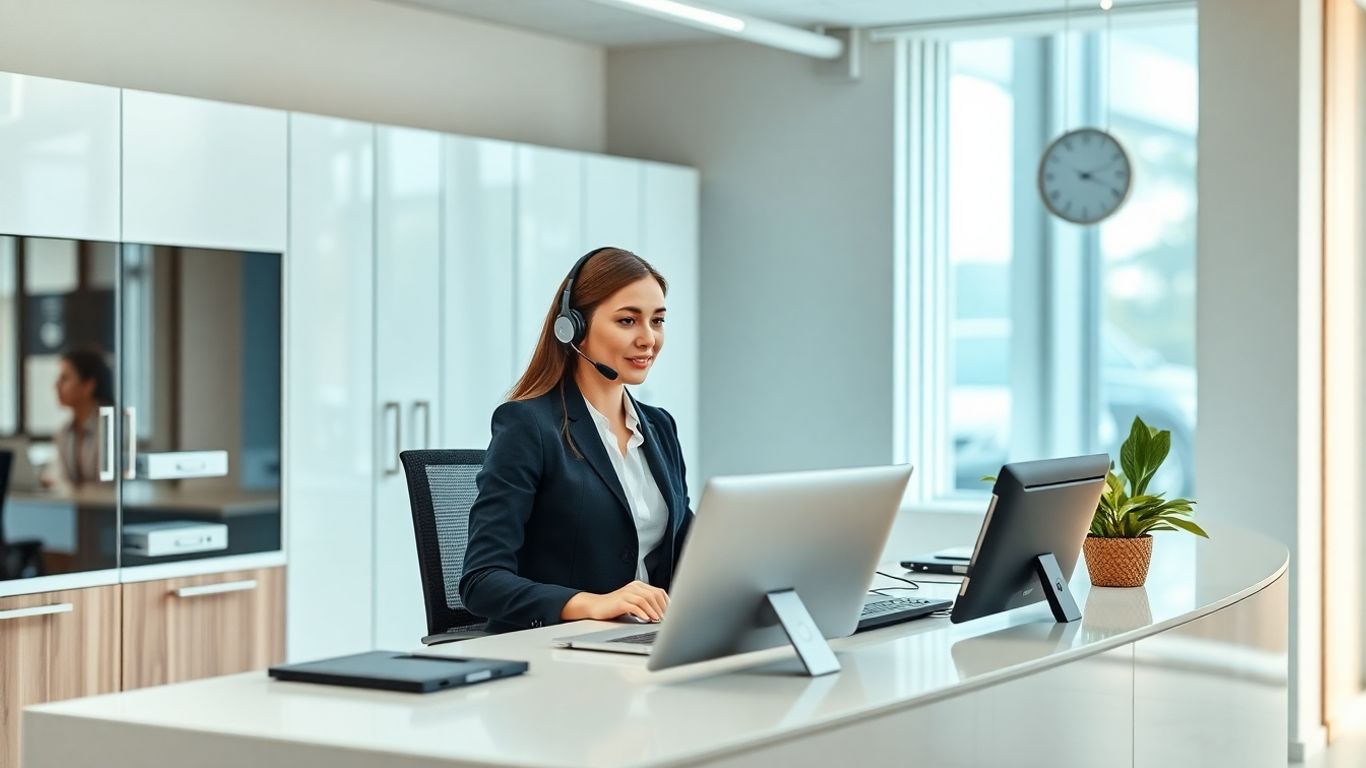 Receptionist answering phone in secure office setting