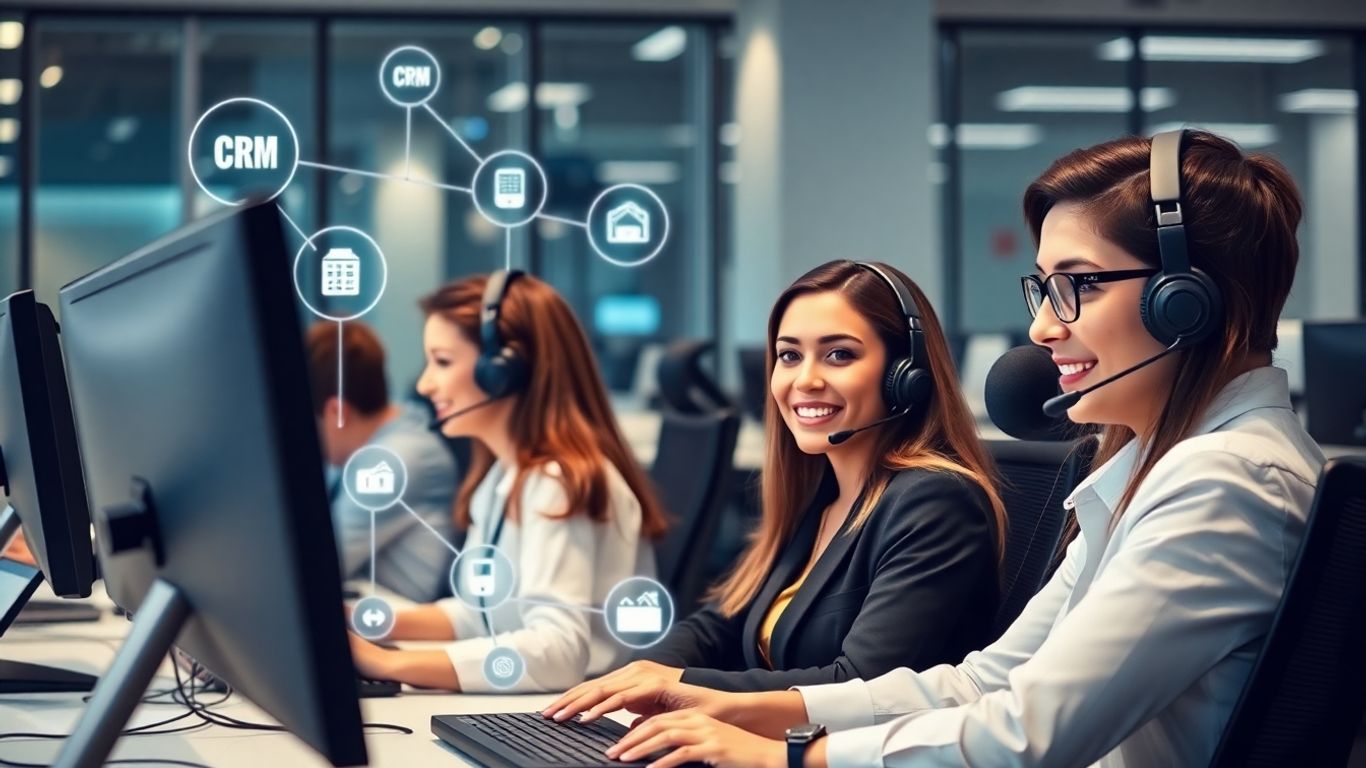 Customer service agents using computers with CRM app icons.