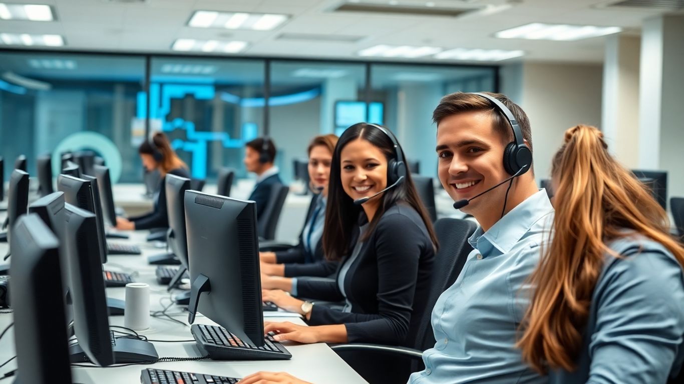 Professional call agents managing multiple phone lines in office