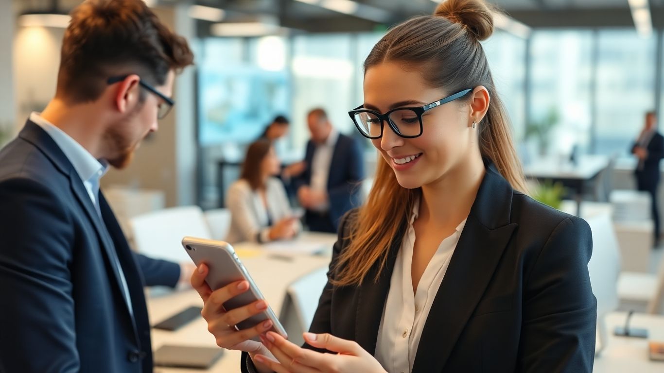 Business professional receives SMS notification in busy office