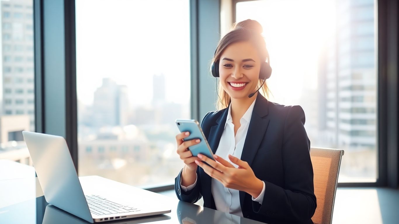 Businesswoman checking voicemail on smartphone in modern office