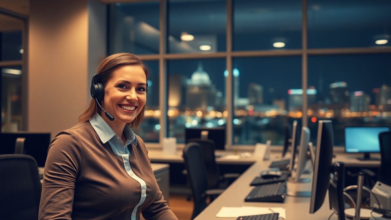 Receptionist answering calls in office at night.