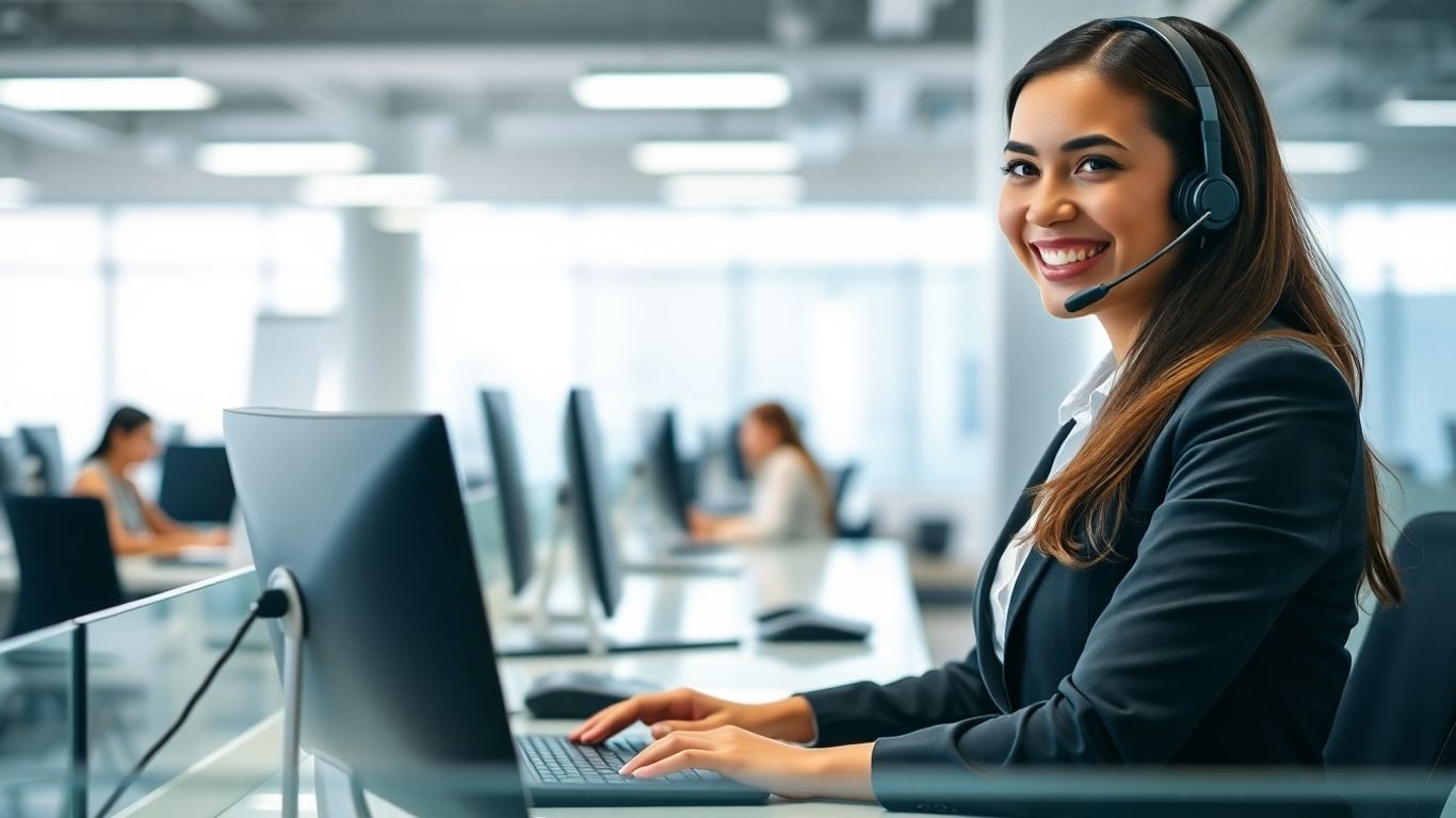 Receptionist answering phone in modern office setting