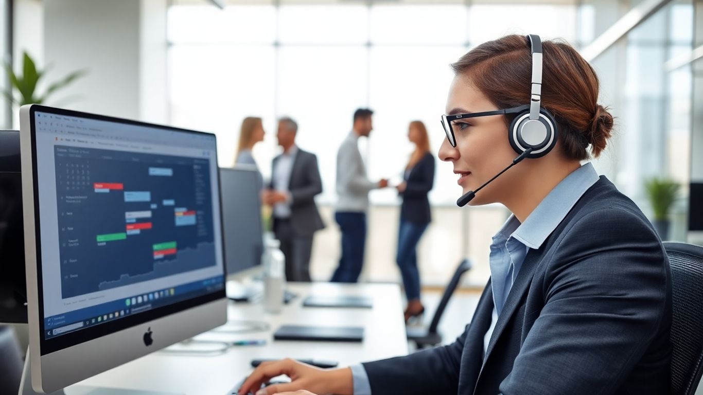 Professional managing appointments on computer with headset on