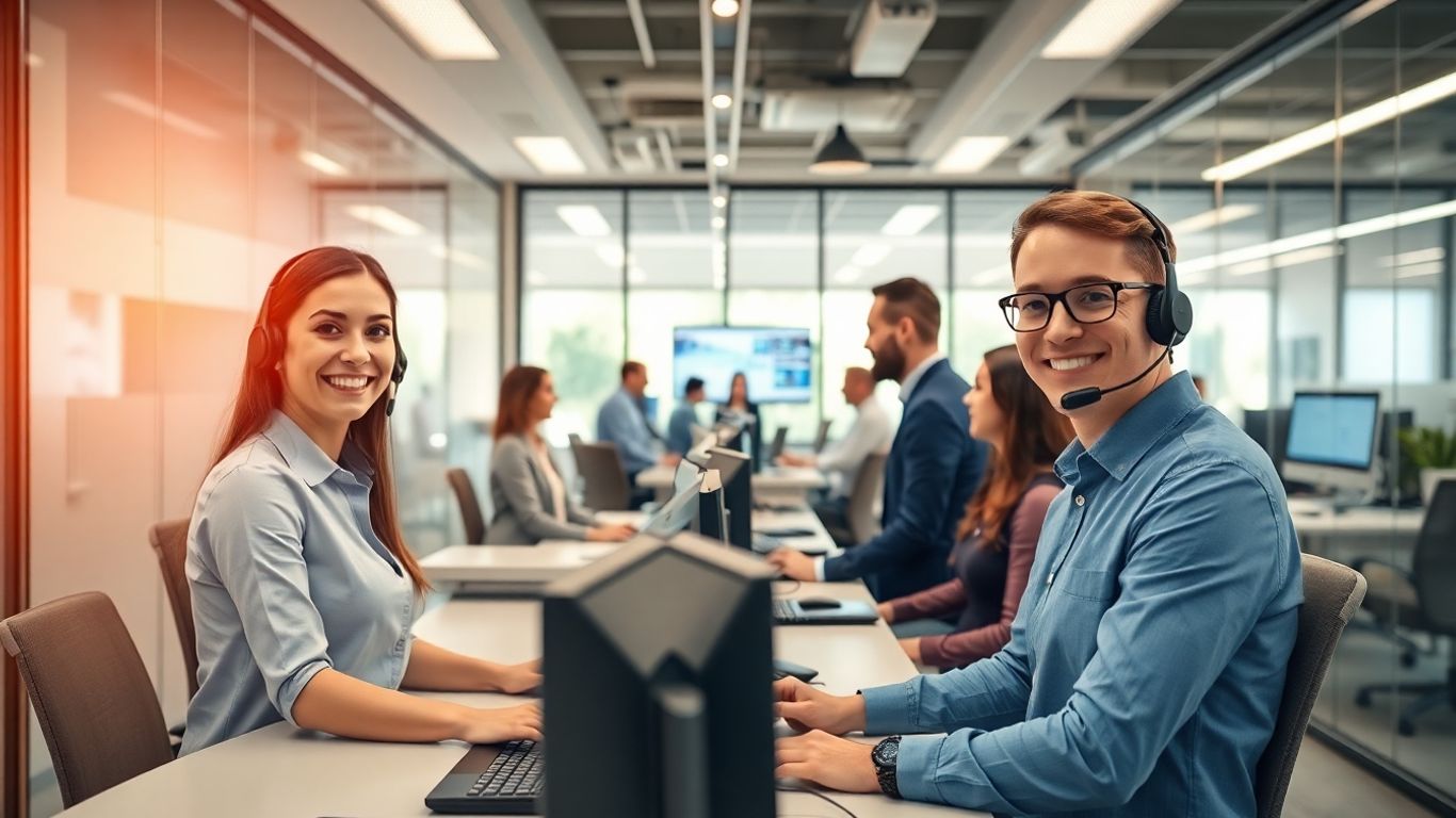 Receptionists with headsets in a modern office workspace