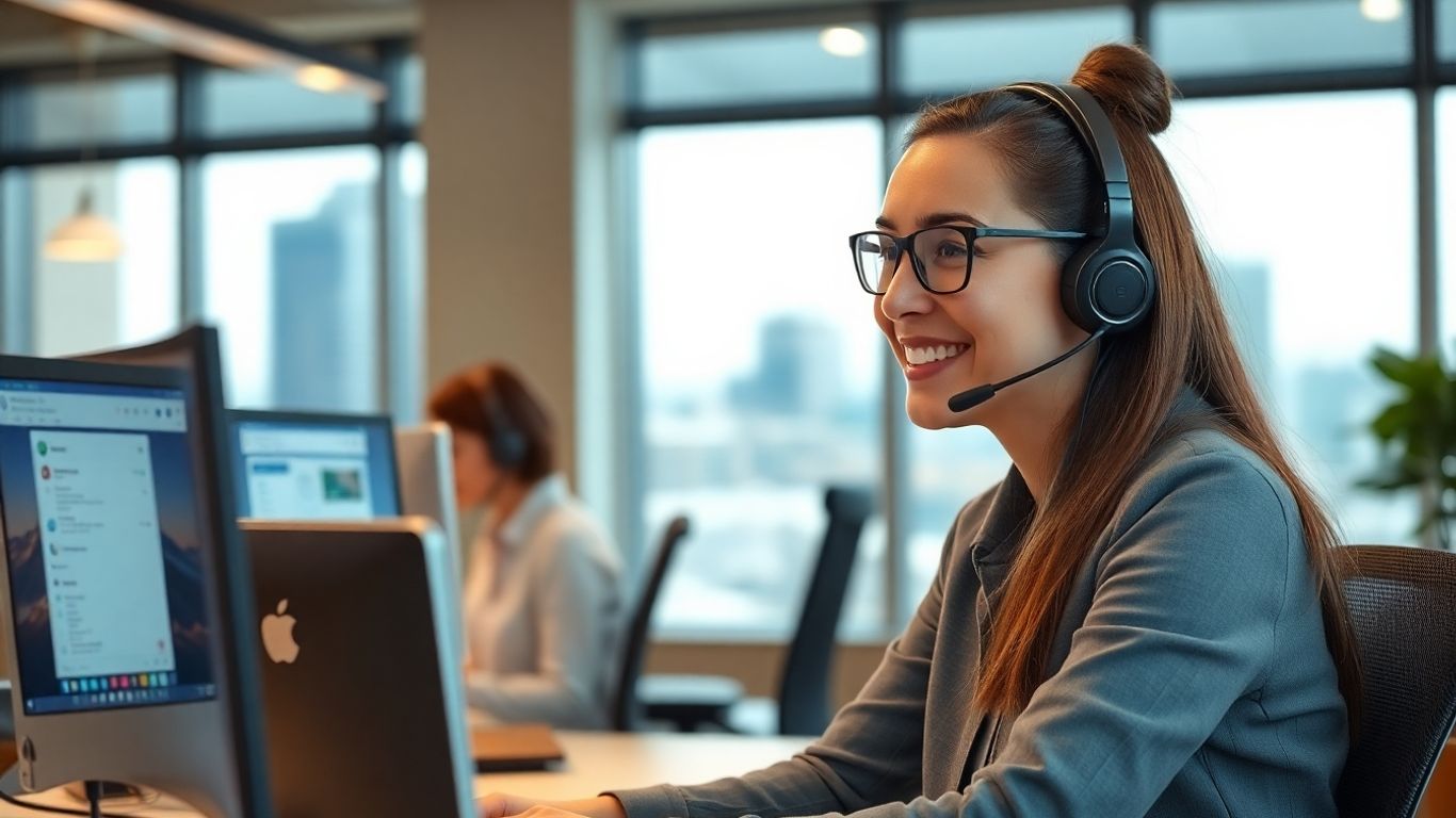 Smiling call center agent assisting customer in modern office.