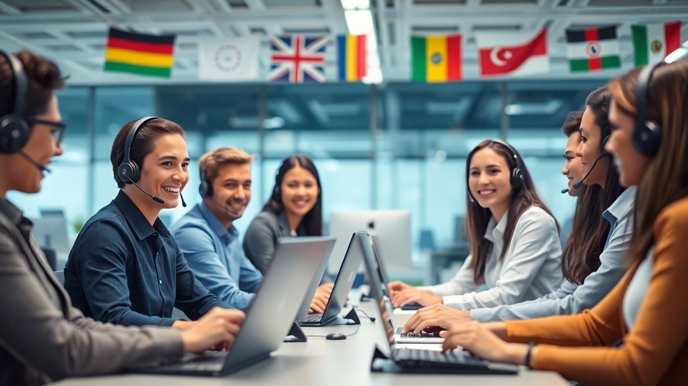 Multicultural customer service team in a modern office