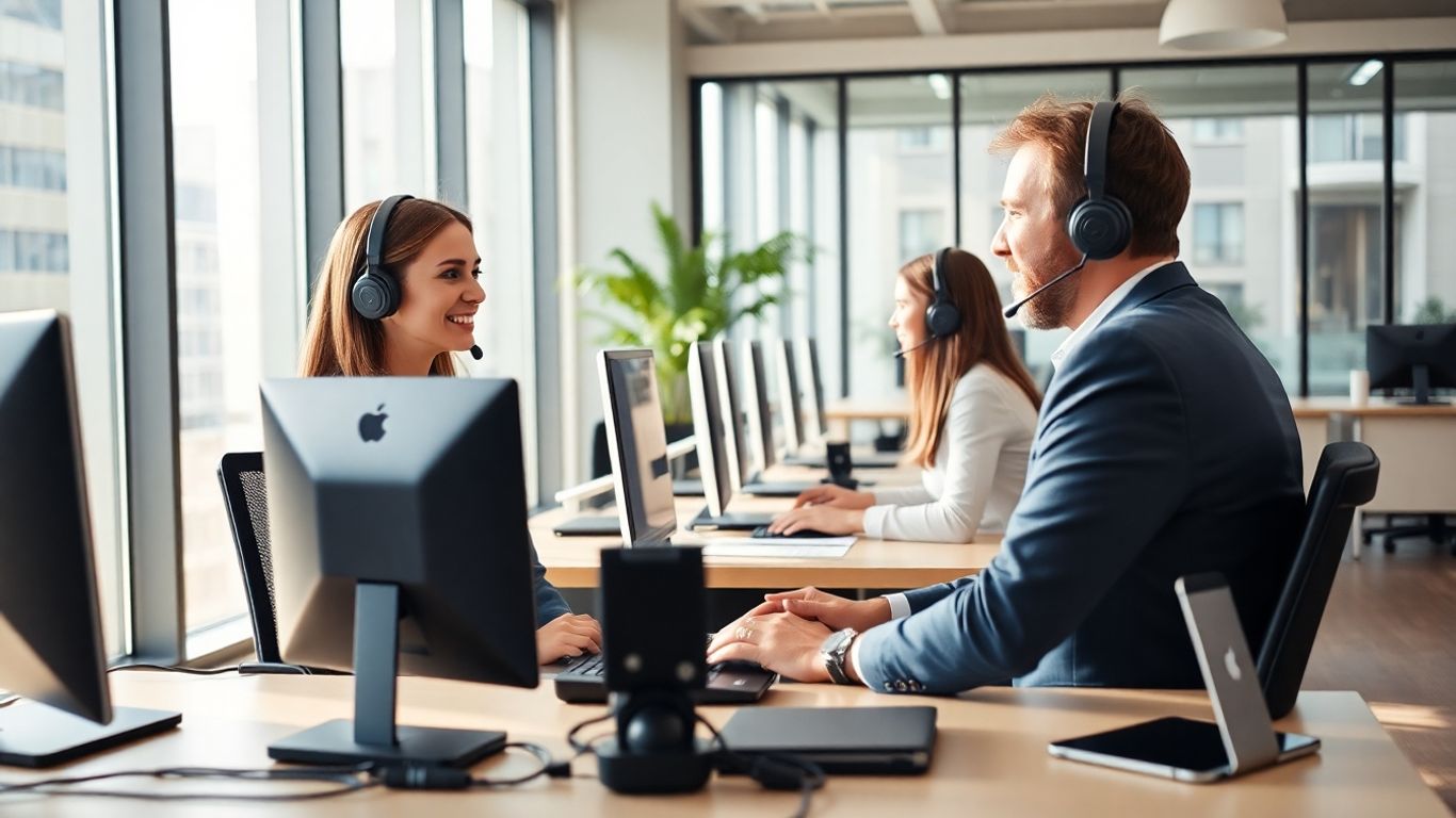 Customer service reps in bright office helping clients