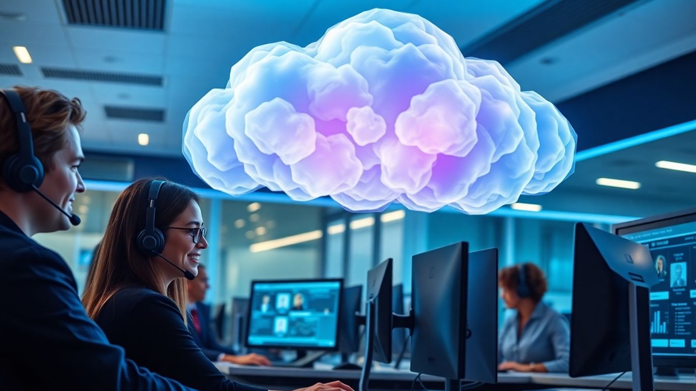 Call center agents with cloud technology in modern office