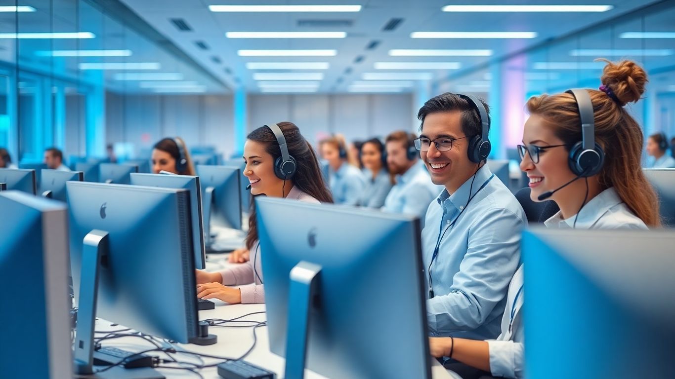 Modern call center with agents and futuristic blue lighting