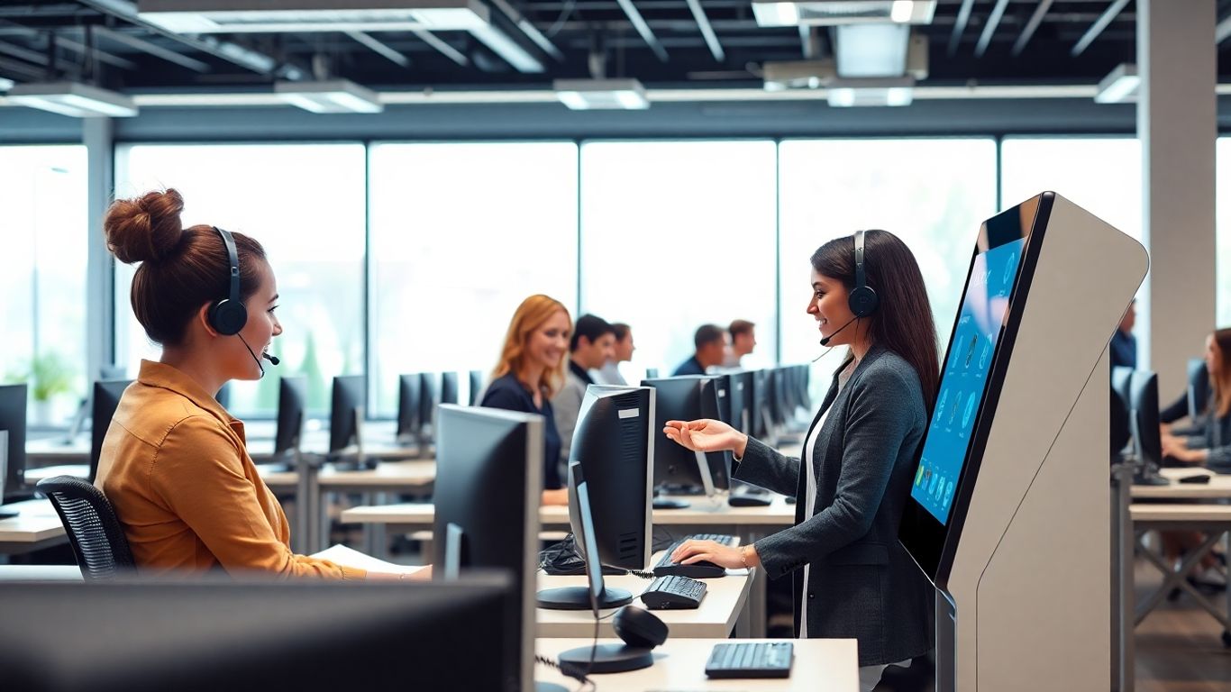 Call center agent helps customer at self-service kiosk