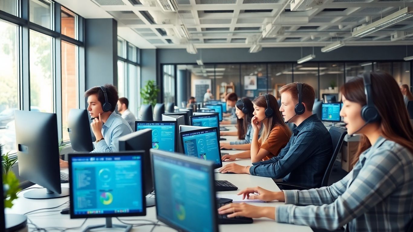 Call center agents working in a modern office