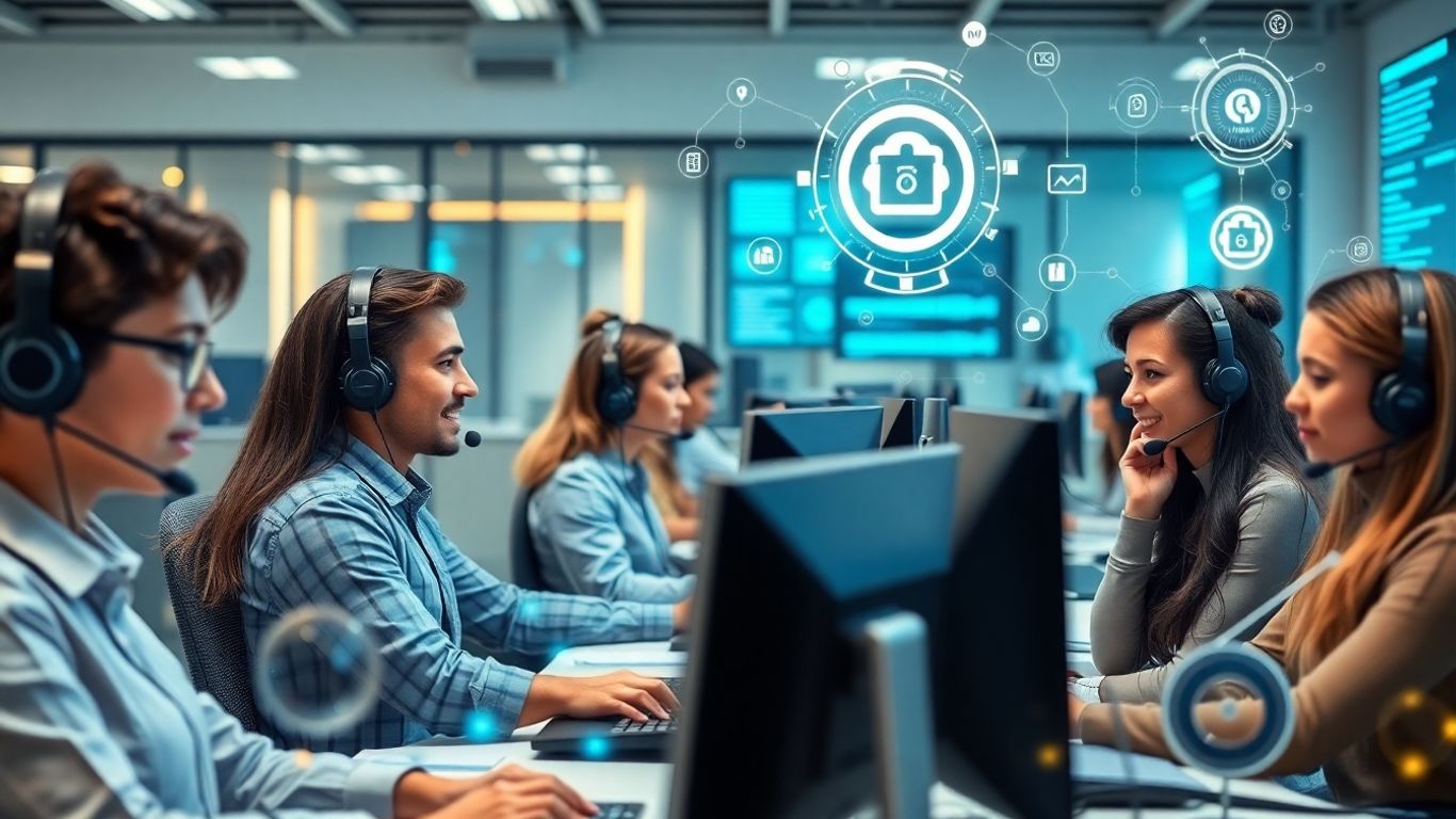 Modern call center agents using advanced technology systems