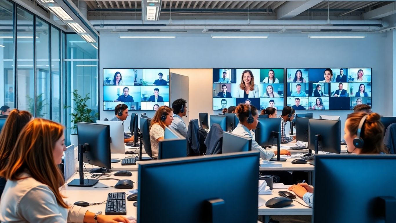 Diverse call center agents working onsite and remotely