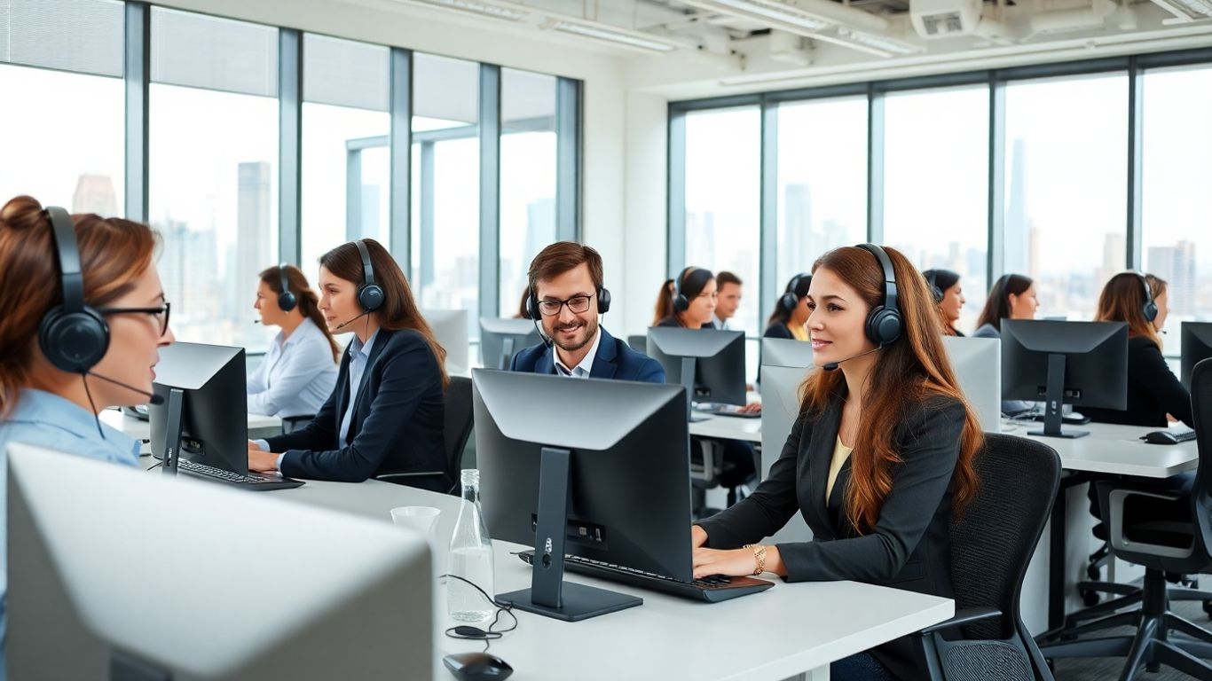 Call center agents working in modern New York office