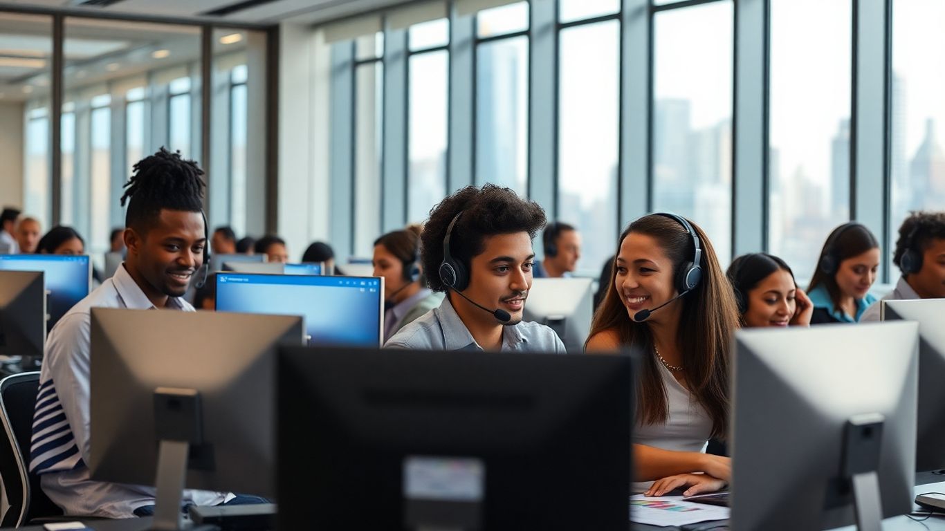 Call center agents working in modern New York office