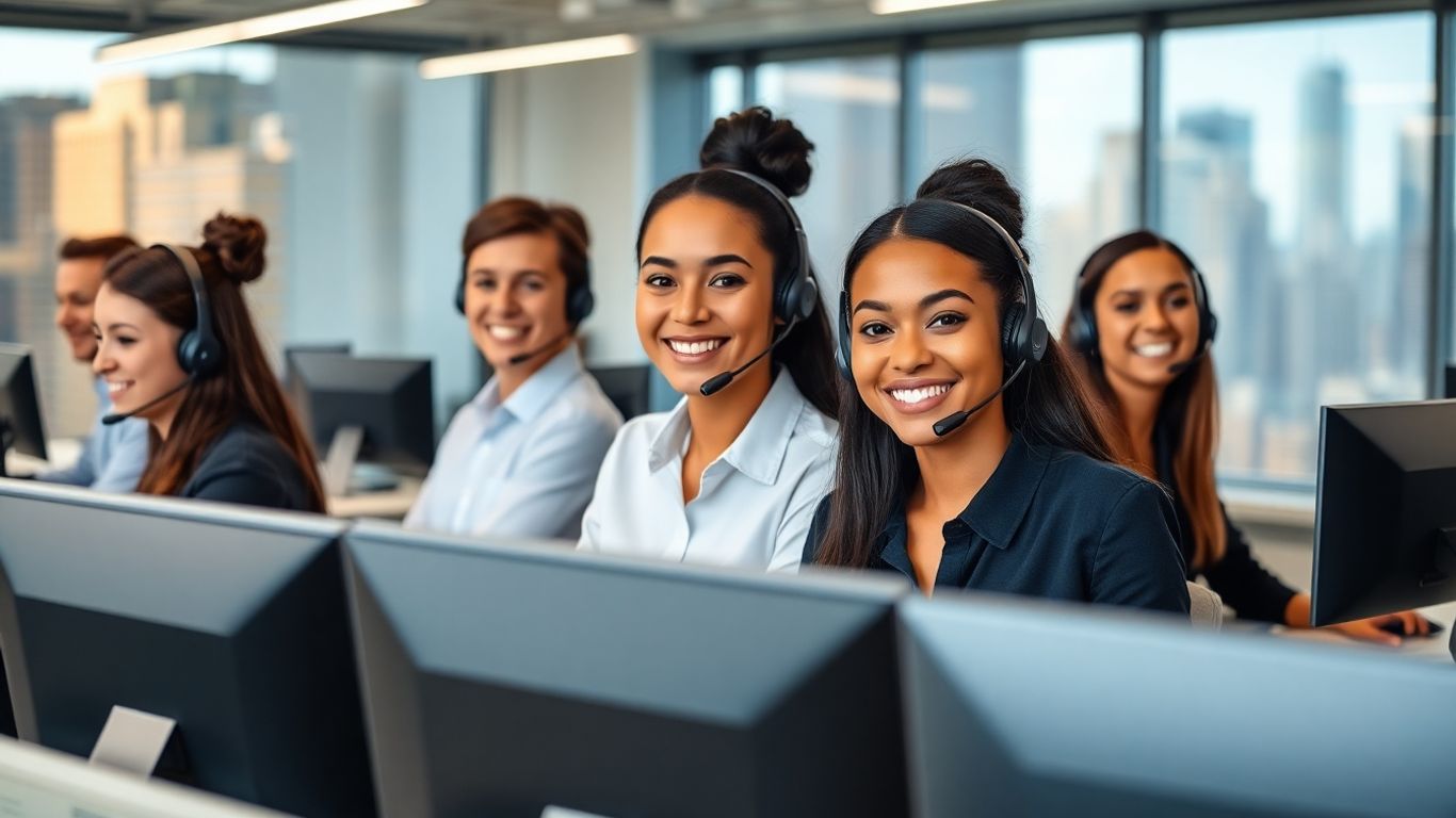 Diverse call center agents working in a New York office
