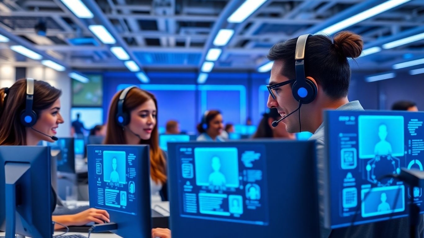 Modern call center with AI technology and agents collaborating