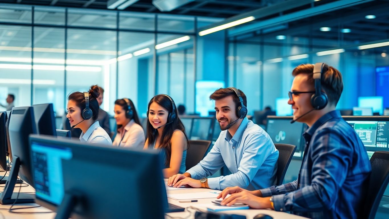 modern call center agents collaborating in a tech workspace