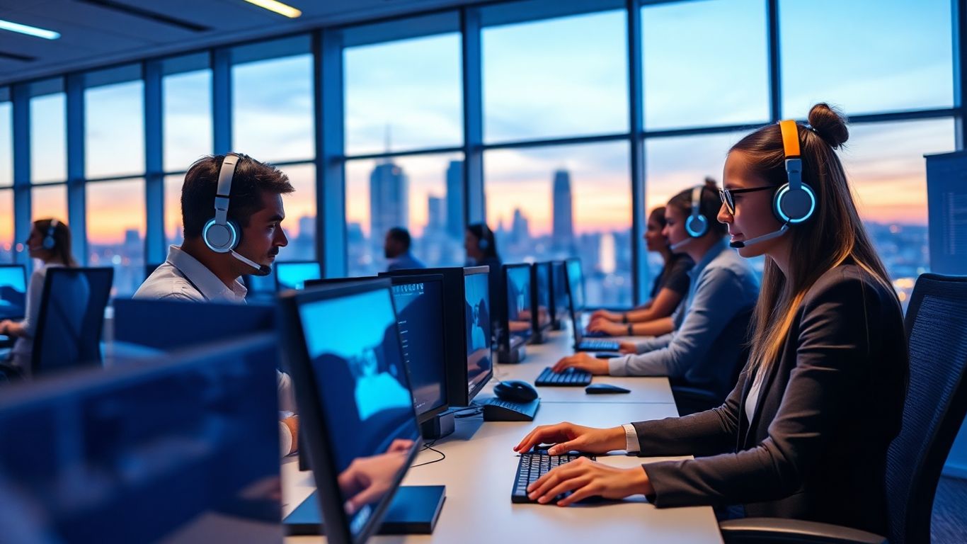 Futuristic call center agents at work with smart tech