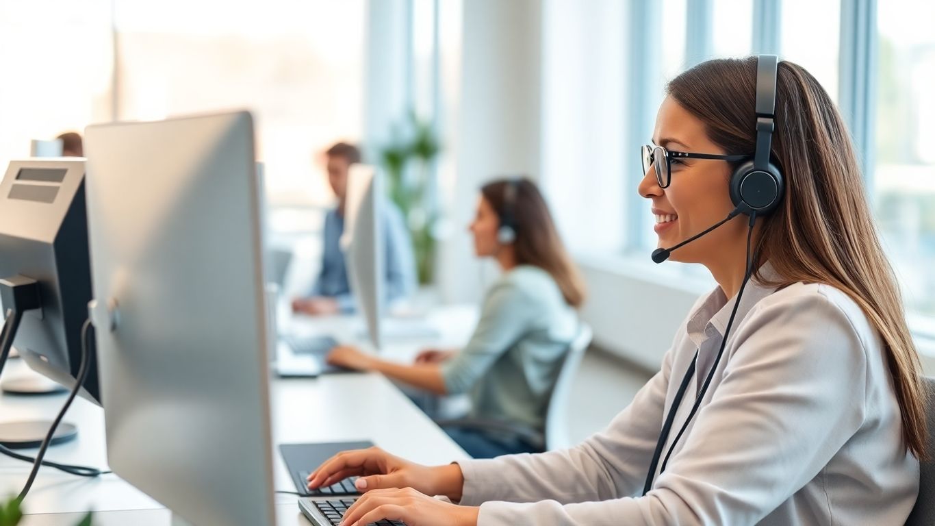 Healthcare worker assisting patient in modern call center