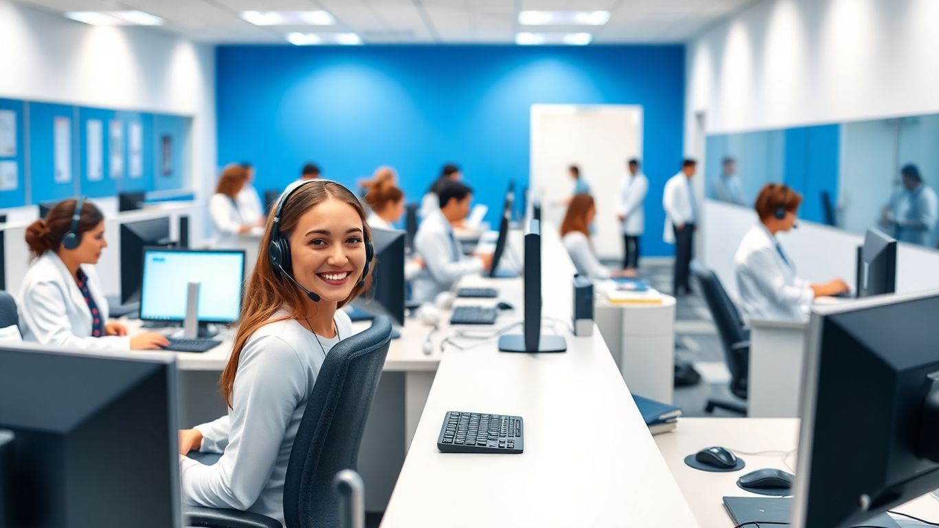 Healthcare call center agents assisting patients, modern setting
