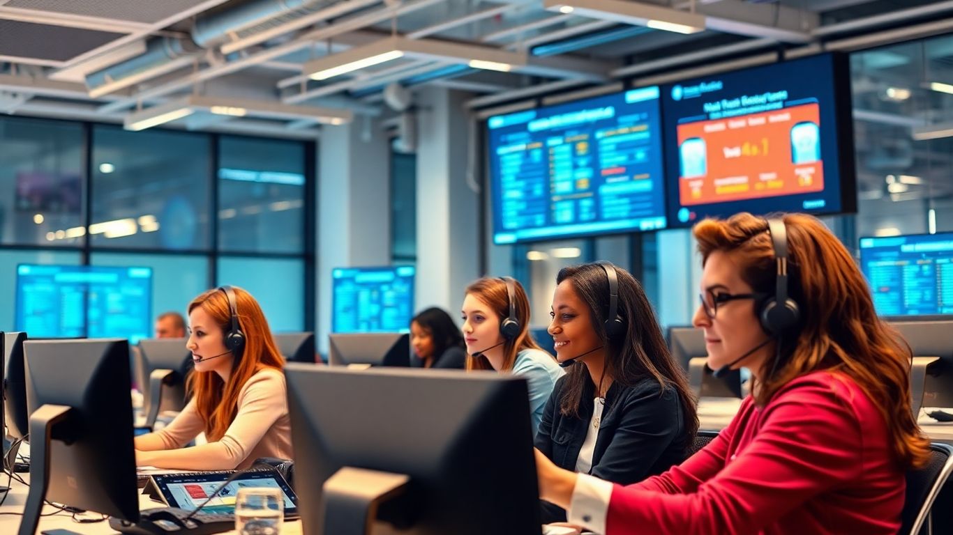 Call center agents at computers in modern office