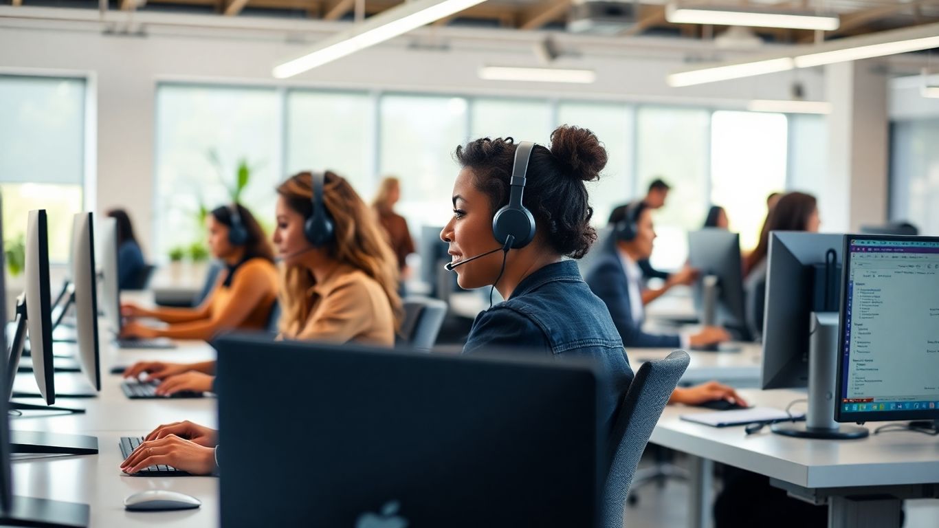 Busy modern call center with focused customer service agents