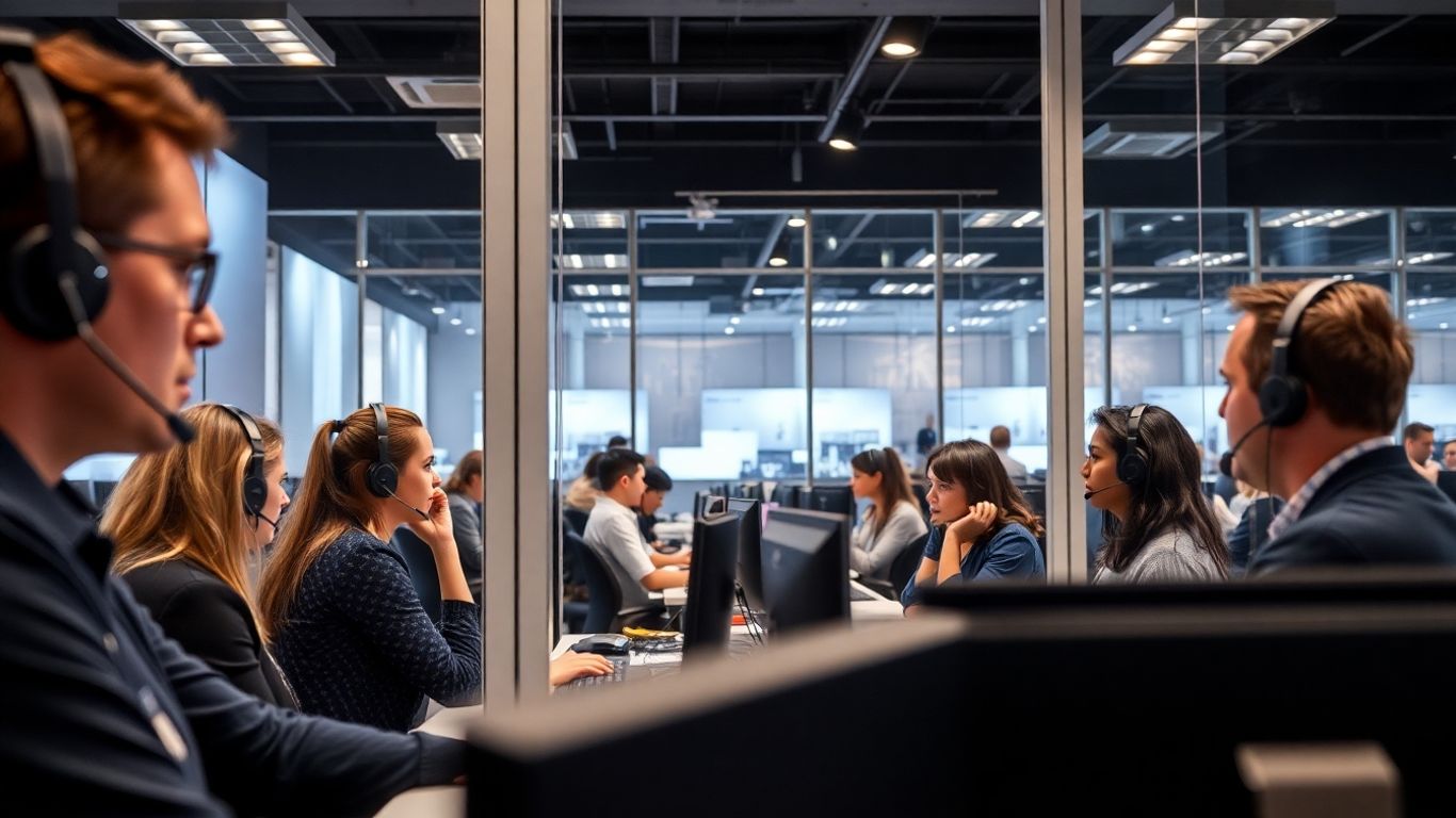 Call center supervisors monitoring team in modern office