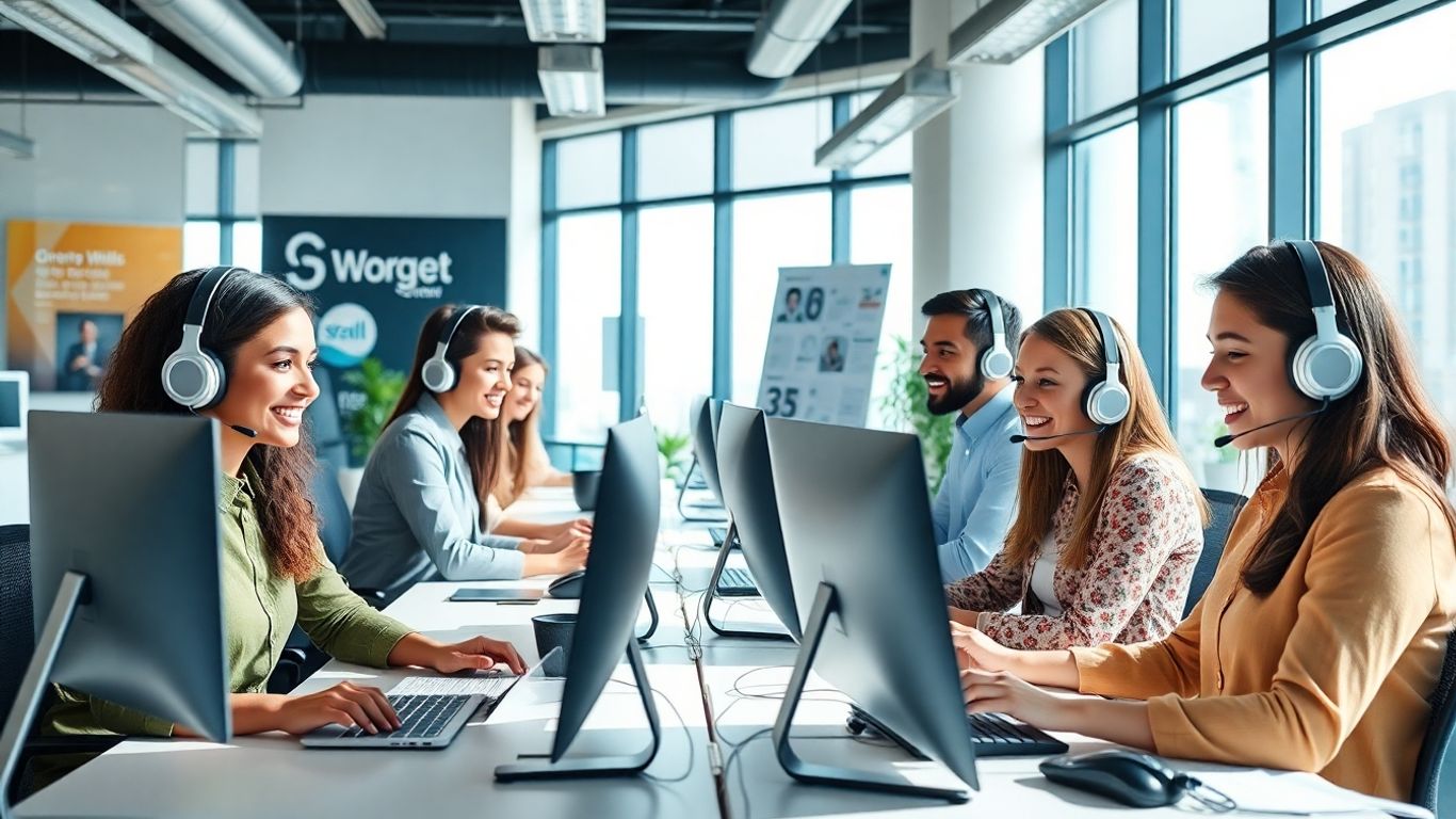 Modern call center team assisting customers in bright office