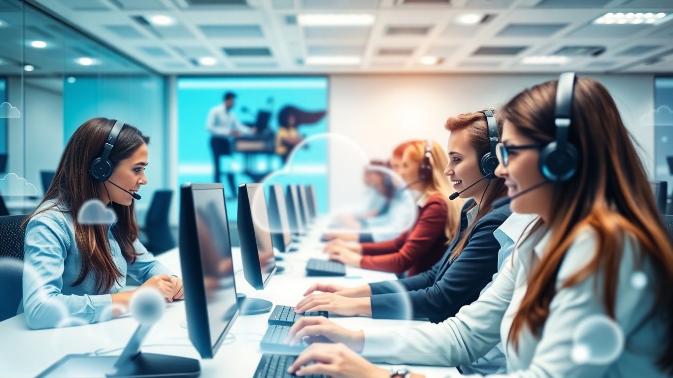 Modern call center agents with cloud technology background
