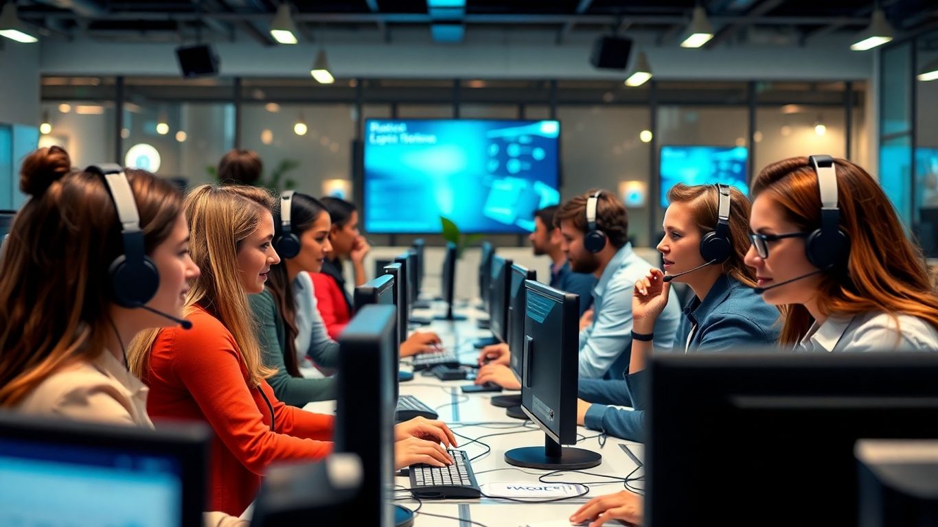 Call center agents talking with headsets in modern office
