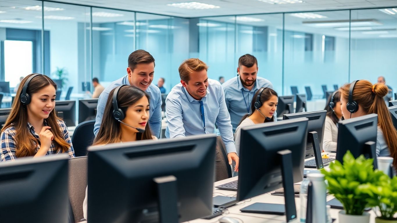 Call center agents working with headsets in modern office