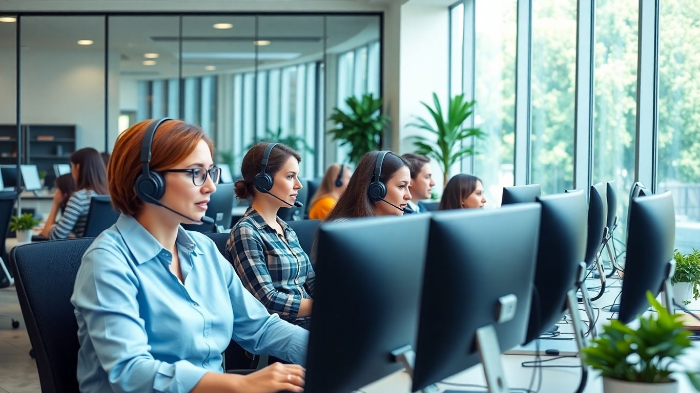 Call center agents working with supervisors observing nearby