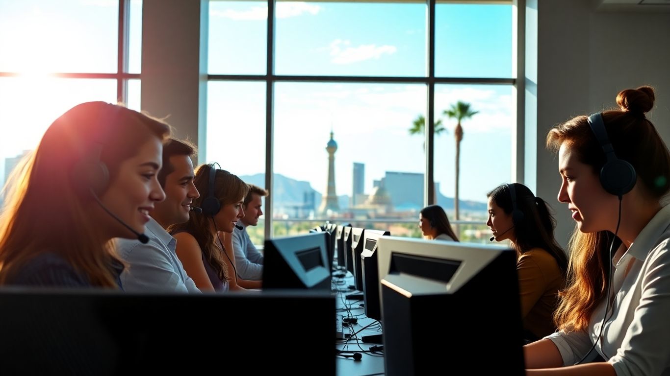 Call center agents working with Las Vegas skyline visible.