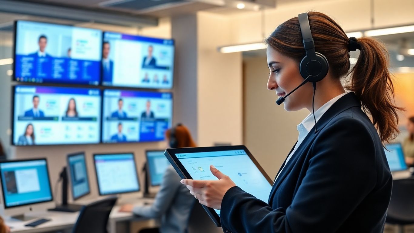 Call center agents and customer at touchscreen kiosk