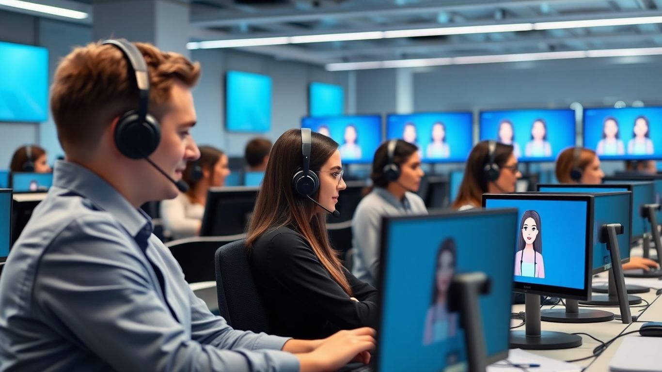 Modern call center agents with AI assistants in office