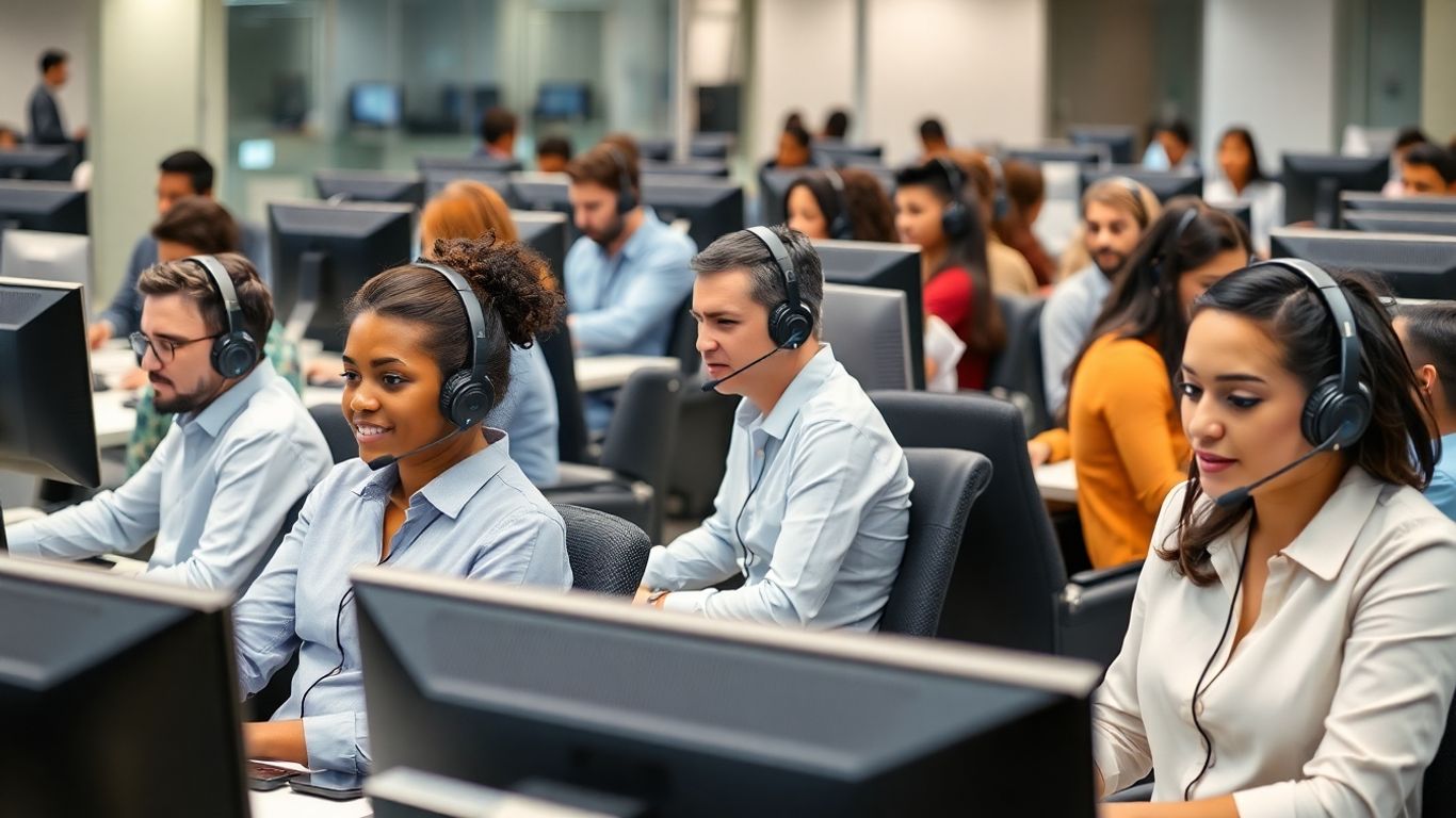 Call center agents working with headsets in modern office