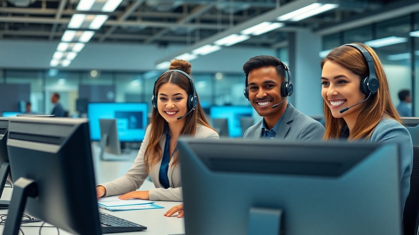 Call center agents using headsets in modern office