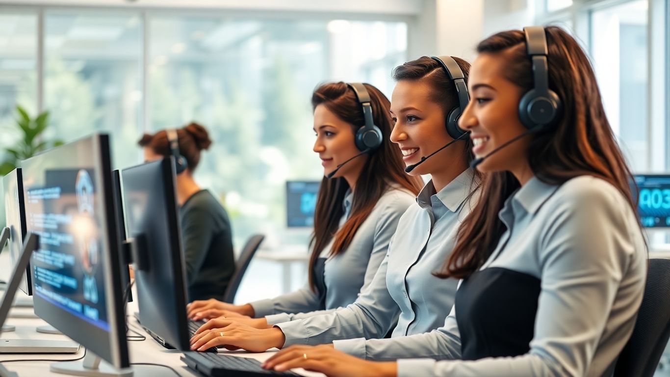 Modern call center with agents using AI technology