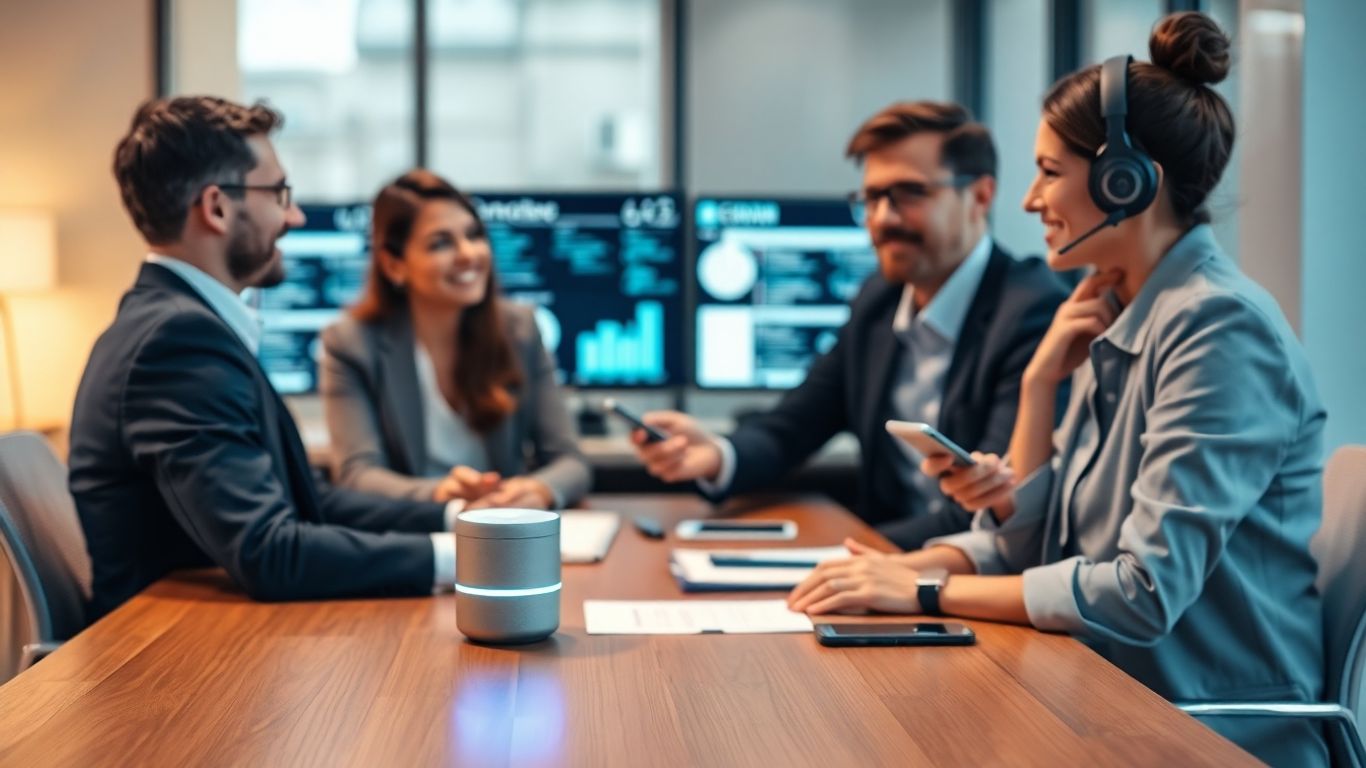 Professionals interacting with voice AI devices in a modern office