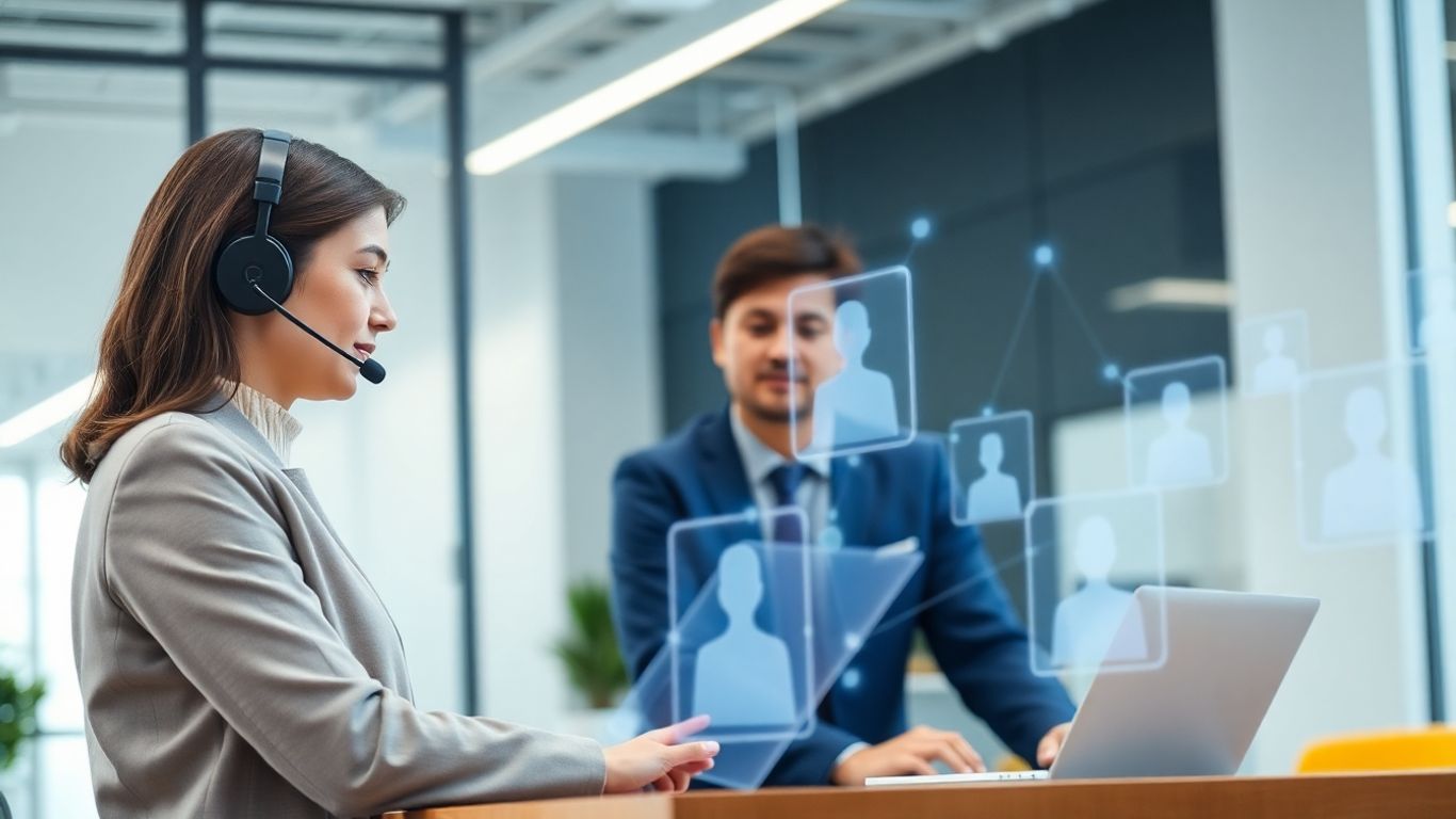 Business people using voice AI technology in modern office