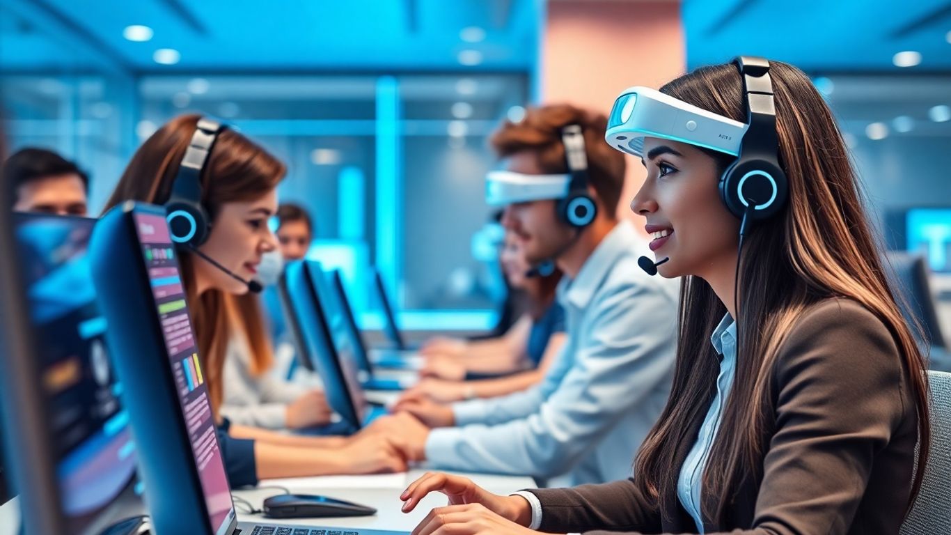 AI voice agents assisting customers in futuristic call center